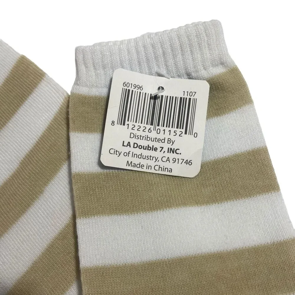 Women's One Size Knit High Leg Warmers Socks White Beige Striped Cotton Blend